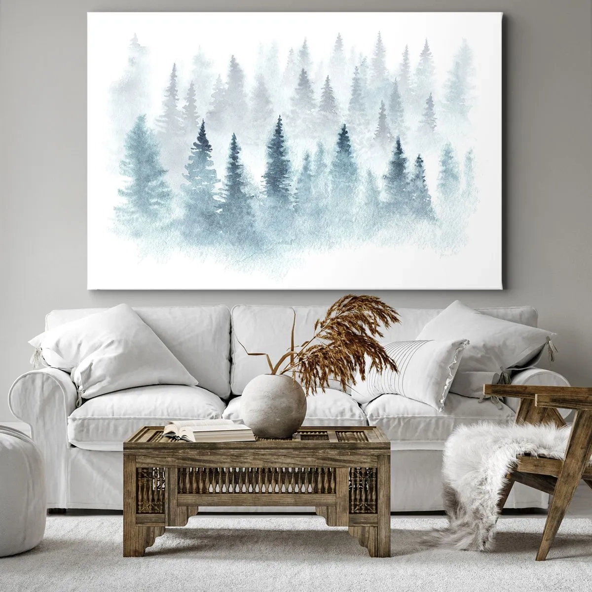 Bild auf Leinwand - Leinwandbild - Nadelwälder in zartem Nebel getaucht - 70x50cm - In Nebel gehüllt - Moderne Wanddekoration für Wohnzimmer und Schlafzimmer ARTTOR