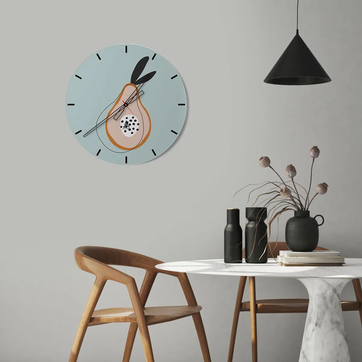Wanduhr - Glasuhr - Abstrakte Birne auf pastellfarbenem Hintergrund mit schwarzen Blättern - 30x30cm - Durchdringe die Natur der Dinge - Moderne Wanddekoration für Wohnzimmer, Küche und Schlafzimmer ARTTOR
