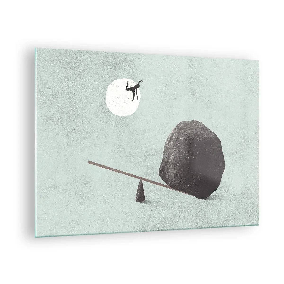 Glasbild - Bild auf glas - Eine minimalistische Szene mit einem Mann, der zum Mond fliegt. - 70x50cm - Erfüllte Träume - Moderne Wanddekoration für Wohnzimmer und Schlafzimmer ARTTOR