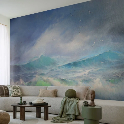 Fototapete Premium Sand - Mächtige Meereswellen in stürmischer Umgebung - 100x70cm - Der wind heulte mit Triumph - Moderne Wanddekoration für Wohnzimmer und Schlafzimmer ARTTOR