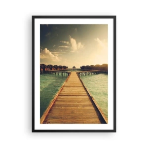Poster in einem schwarzem Rahmen - Holzsteg, der bei Sonnenuntergang zu den Wasserhäusern führt - 50x70cm - Eine herzliche Einladung - Moderne Wanddekoration für Wohnzimmer und Schlafzimmer ARTTOR