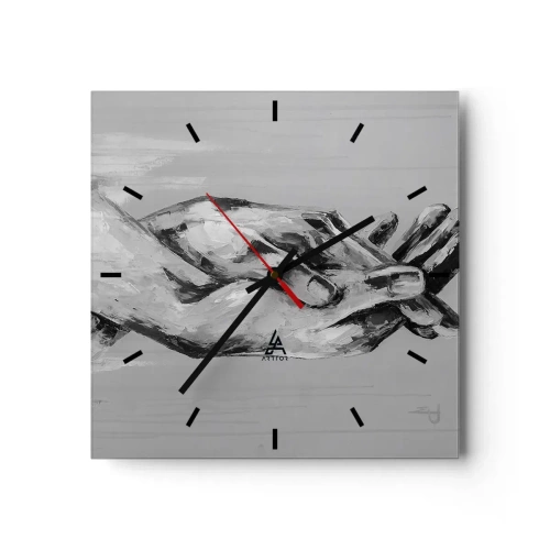 Wanduhr - Glasuhr - Eine Schwarz-Weiß-Komposition aus zwei gefalteten Händen auf hellem Hintergrund. - 30x30cm - Anfang… - Moderne Wanddekoration für Wohnzimmer und Schlafzimmer ARTTOR
