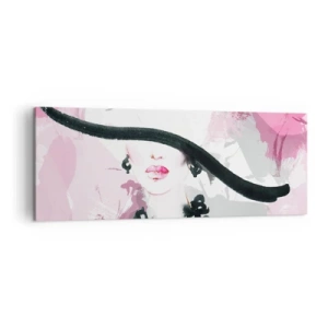 Bild auf Leinwand - Leinwandbild - Eine elegante Frau mit Hut vor einem Hintergrund aus rosa Abstraktionen. - 140x50cm - Bildnis einer Dame in Schwarz und Pink - Moderne Wanddekoration für Wohnzimmer und Schlafzimmer ARTTOR