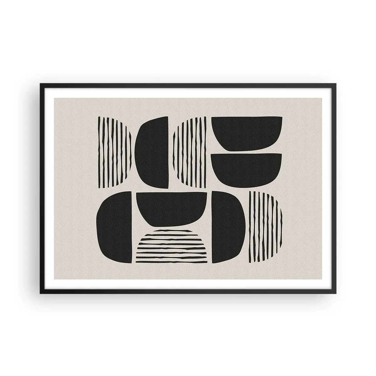 Poster in einem schwarzem Rahmen - Geometrie mit Halbkreisen und Linien in Schwarz auf hellem Hintergrund - 100x70cm - Halbherzige Deals - Moderne Wanddekoration für Wohnzimmer und Schlafzimmer ARTTOR