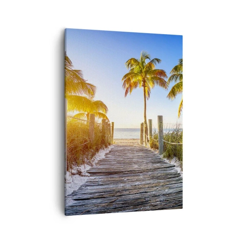 Bild auf Leinwand - Leinwandbild - Holzweg am Strand mit Palmen im Hintergrund - 50x70cm - Direkt ins Paradies - Moderne Wanddekoration für Wohnzimmer und Schlafzimmer ARTTOR
