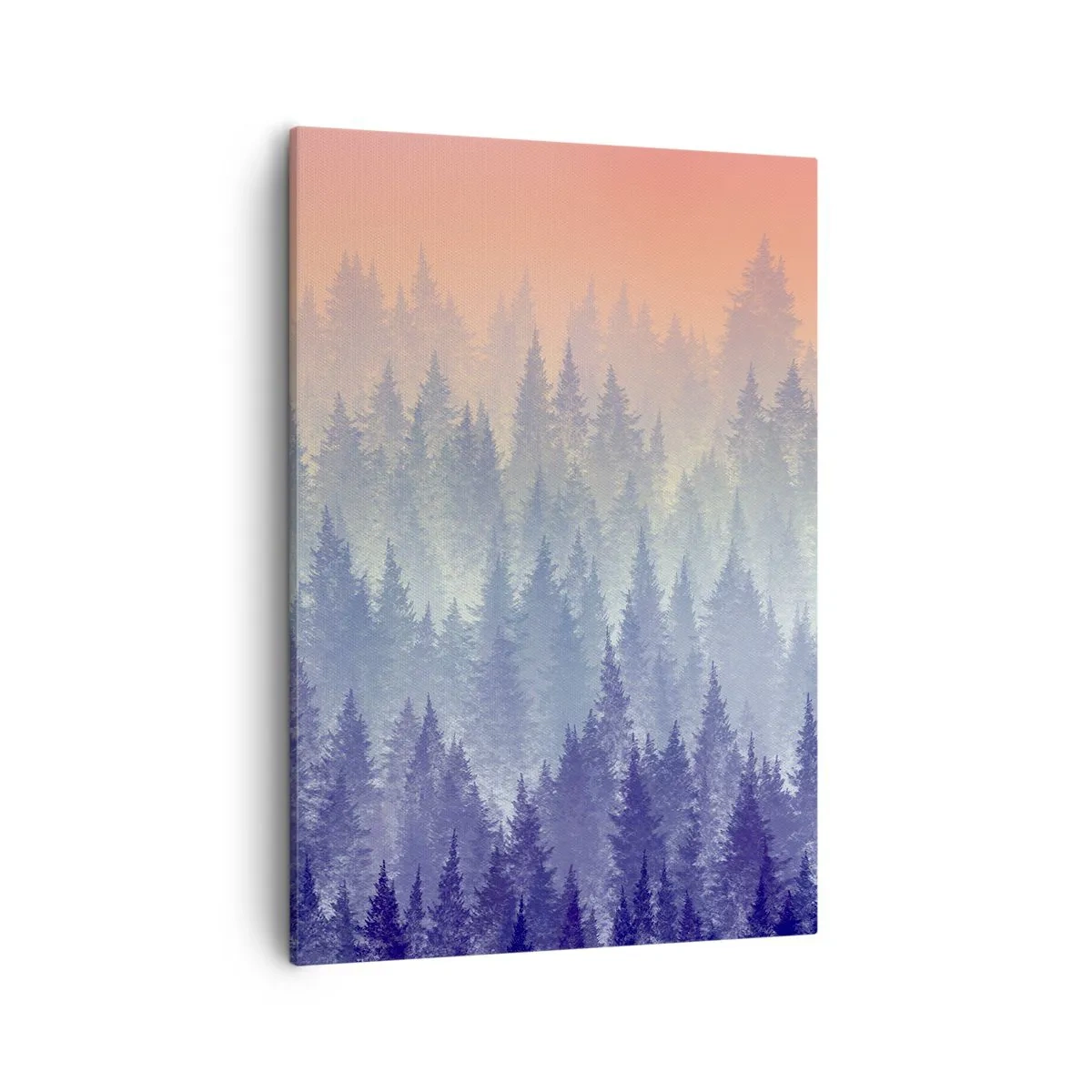 Bild auf Leinwand - Leinwandbild - Ein nebliger Wald in Lila- und Orangetönen - 50x70cm - Hoch, höher, zum Himmel - Moderne Wanddekoration für Wohnzimmer und Schlafzimmer ARTTOR