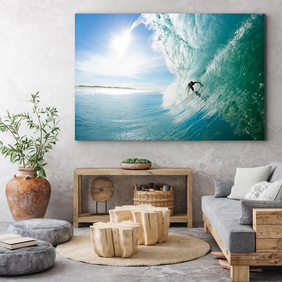 Bild auf Leinwand - Leinwandbild - Ein Surfer reitet eine Welle im Sonnenlicht vor blauem Himmel - 100x70cm - Immer Top - Moderne Wanddekoration für Wohnzimmer und Schlafzimmer ARTTOR