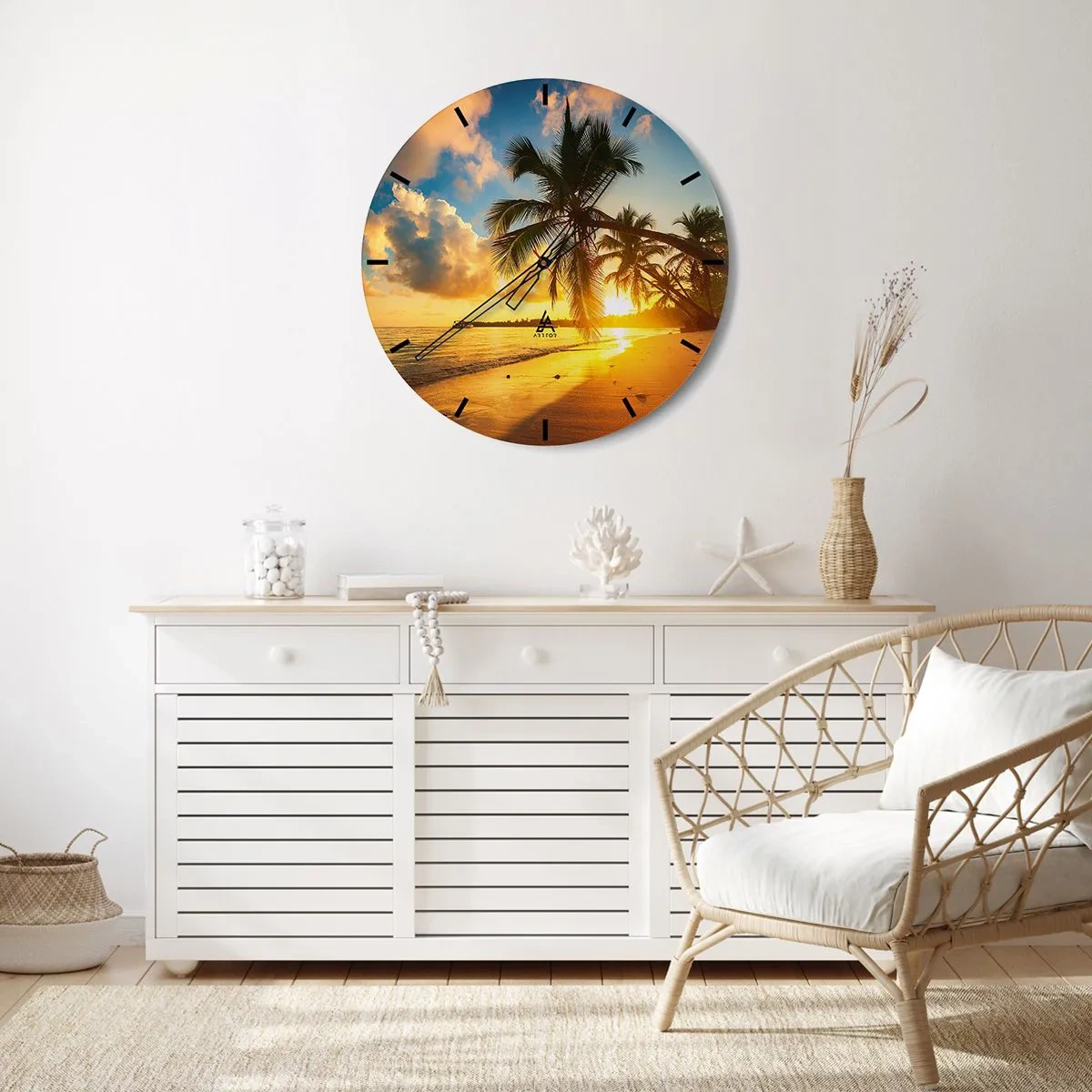Wanduhr - Glasuhr - Ein Strand mit Palmen, beleuchtet von der untergehenden Sonne - 30x30cm - Karibischer Traum - Moderne Wanddekoration für Wohnzimmer, Küche und Schlafzimmer ARTTOR