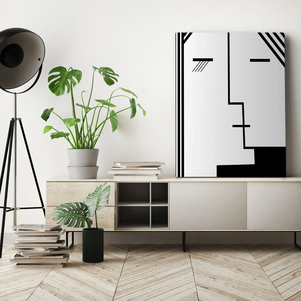 Bild auf Leinwand - Leinwandbild - Geometrische Abstraktion eines Kusses in Schwarz und Weiß - 70x100cm - Einfach ein Kuss - Moderne Wanddekoration für Wohnzimmer und Schlafzimmer ARTTOR