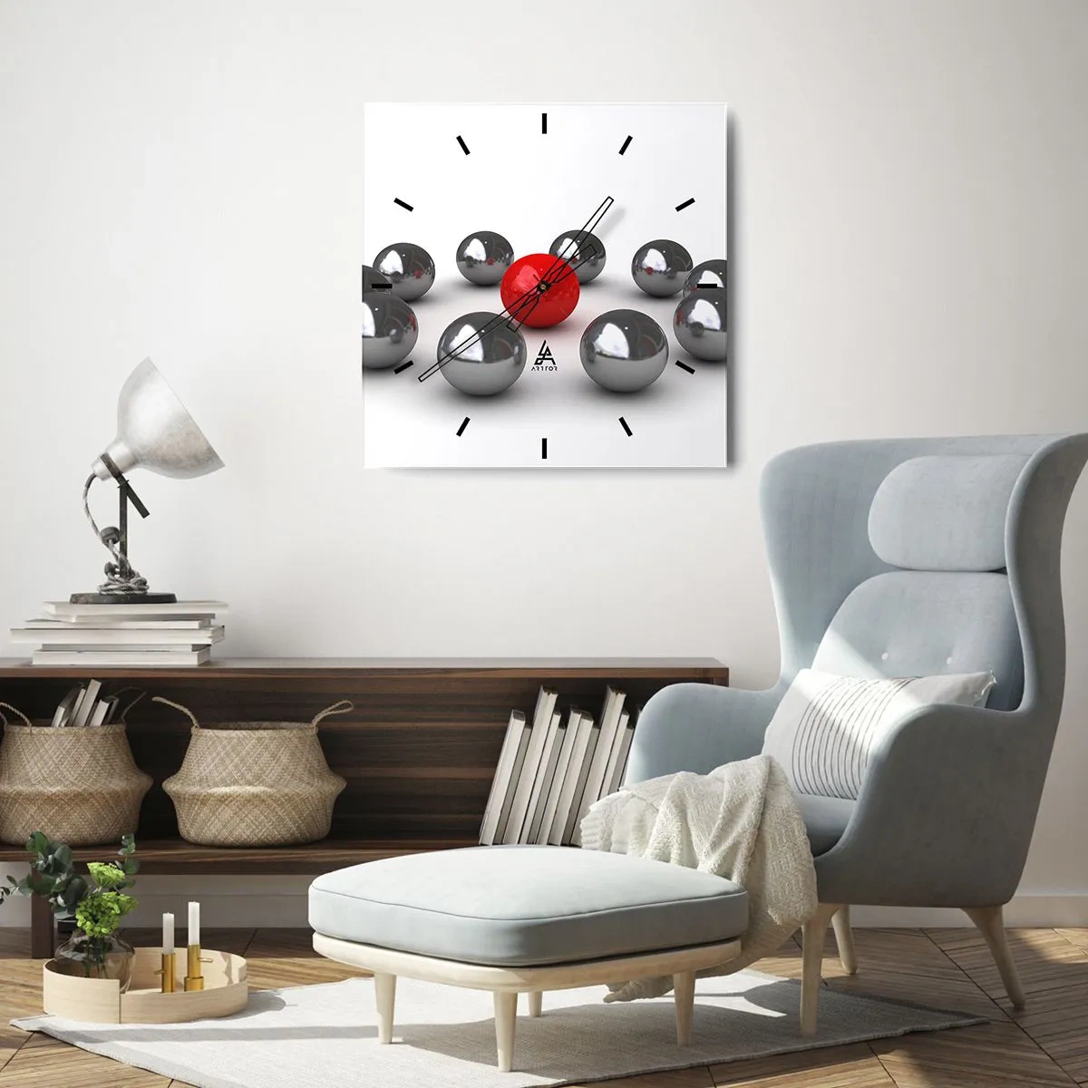 Wanduhr - Glasuhr - Eine rote Kugel, umgeben von silbernen Kugeln auf weißem Hintergrund - 30x30cm - Ein Kreis in Silber und Rot - Moderne Wanddekoration für Wohnzimmer und Schlafzimmer ARTTOR