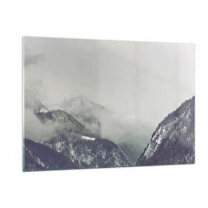 Glasbild - Bild auf glas - Ein Bergtal im Nebel in Grautönen - 120x80cm - Nebliges Tal - Moderne Wanddekoration für Wohnzimmer und Schlafzimmer ARTTOR