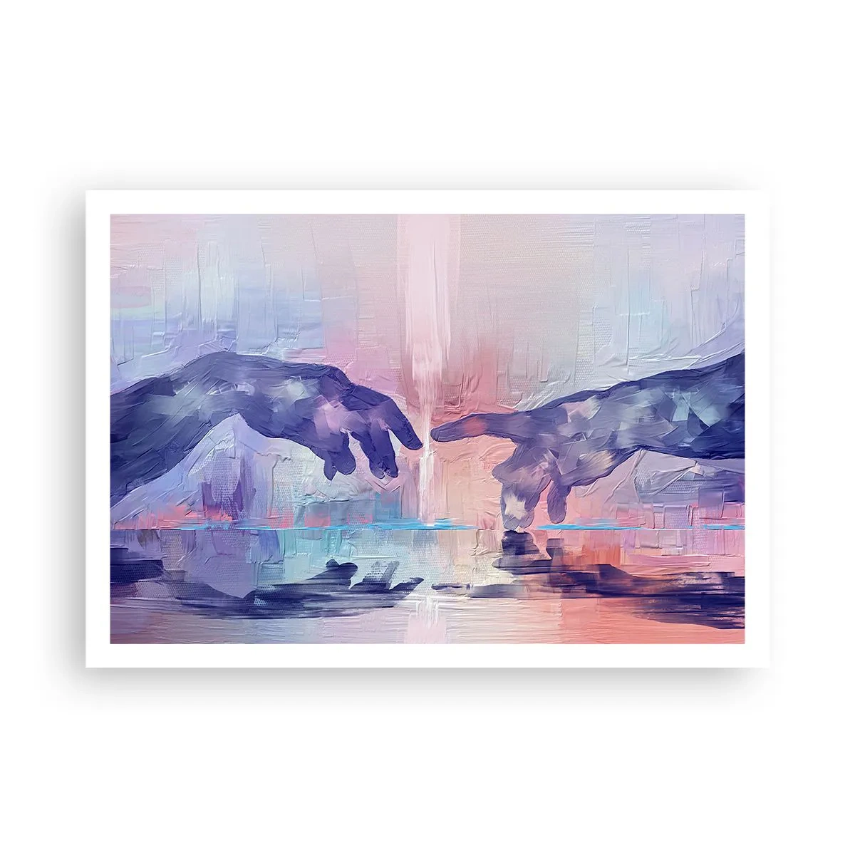 Poster - Symbolische Hände in abstrakten Farben, die auf das Thema der Schöpfung verweisen - 100x70cm - Göttlicher Funke des Lebens - Moderne Wanddekoration für Wohnzimmer und Schlafzimmer ARTTOR