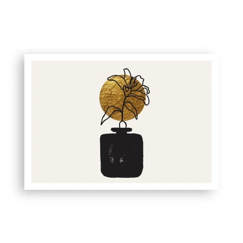 Poster - Eine Zeichnung einer Blume in einer Vase vor einem goldenen Kreishintergrund - 100x70cm - Schönheit ist Gold wert - Moderne Wanddekoration für Wohnzimmer und Schlafzimmer ARTTOR