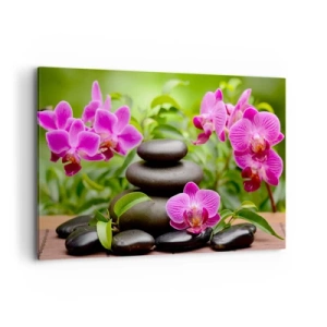 Bild auf Leinwand - Leinwandbild - Rosa Orchideen mit Steinen auf grünem Hintergrund - 120x80cm - Die Pyramide des Friedens - Moderne Wanddekoration für Wohnzimmer und Schlafzimmer ARTTOR