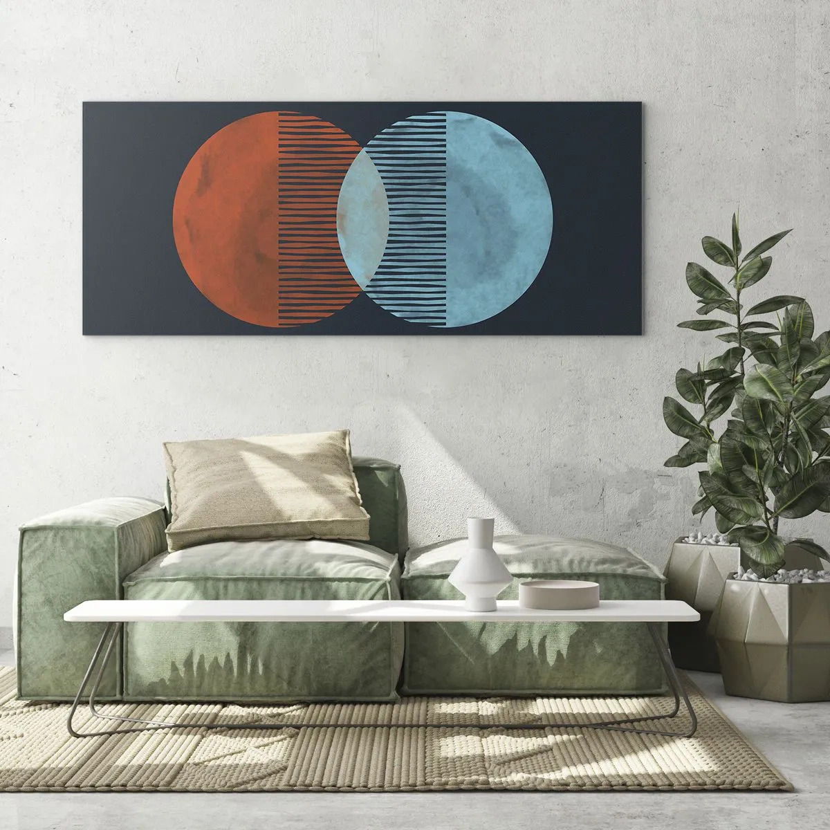 Glasbild - Bild auf glas - Zwei orange und blaue Kreise auf dunklem Hintergrund - 160x50cm - Astronomische Fantasie - Moderne Wanddekoration für Wohnzimmer und Schlafzimmer ARTTOR