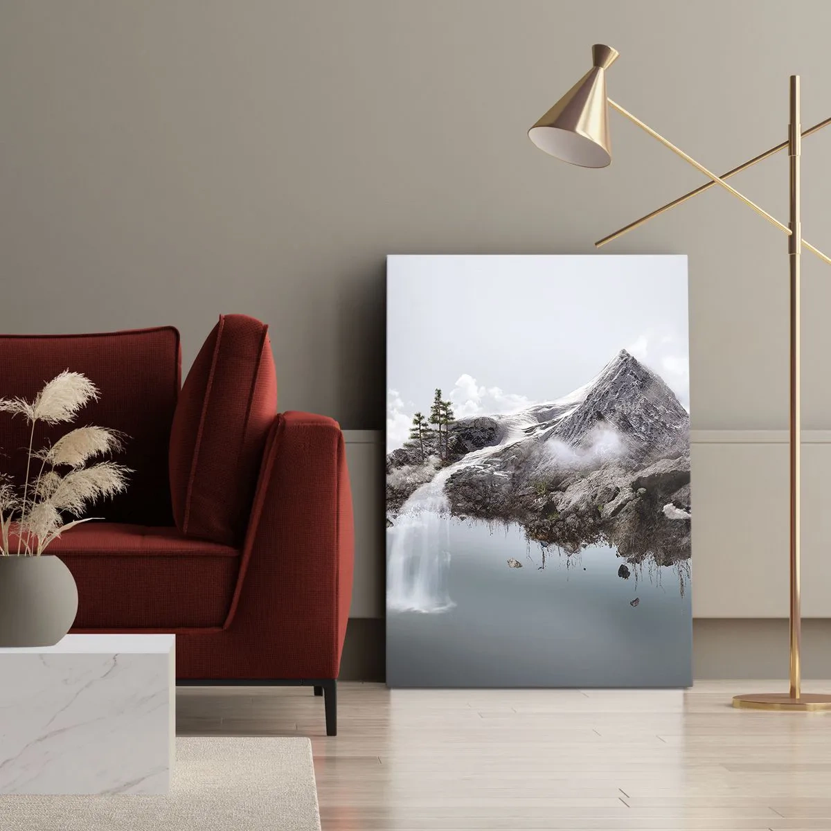 Bild auf Leinwand - Leinwandbild - Ein surrealer Berg, der in den Wolken schwebt, mit einem Wasserfall - 80x120cm - Mit dem Auge eines Surrealisten - Moderne Wanddekoration für Wohnzimmer und Schlafzimmer ARTTOR