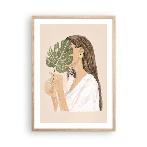 Poster in einem Rahmen aus heller Eiche - Geheimnisvolles Porträt mit Fächer - 50x70 cm
