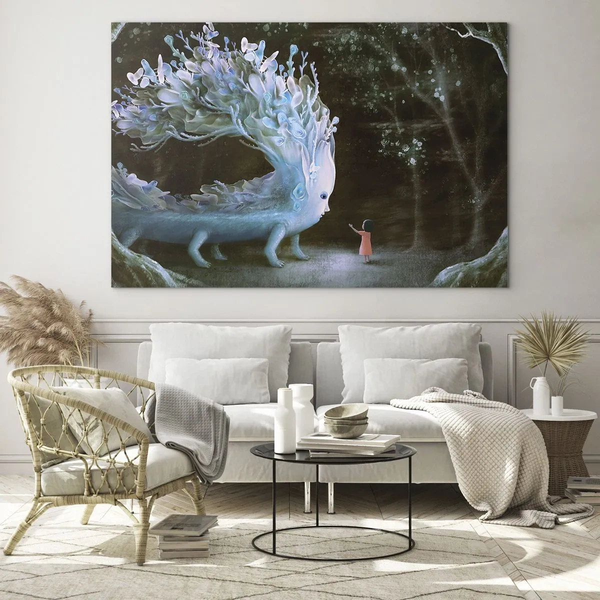 Glasbild - Bild auf glas - Ein Mädchen begegnet im Wald einem magischen Wesen. - 70x50cm - Fantastisches Treffen - Moderne Wanddekoration für Wohnzimmer und Schlafzimmer ARTTOR