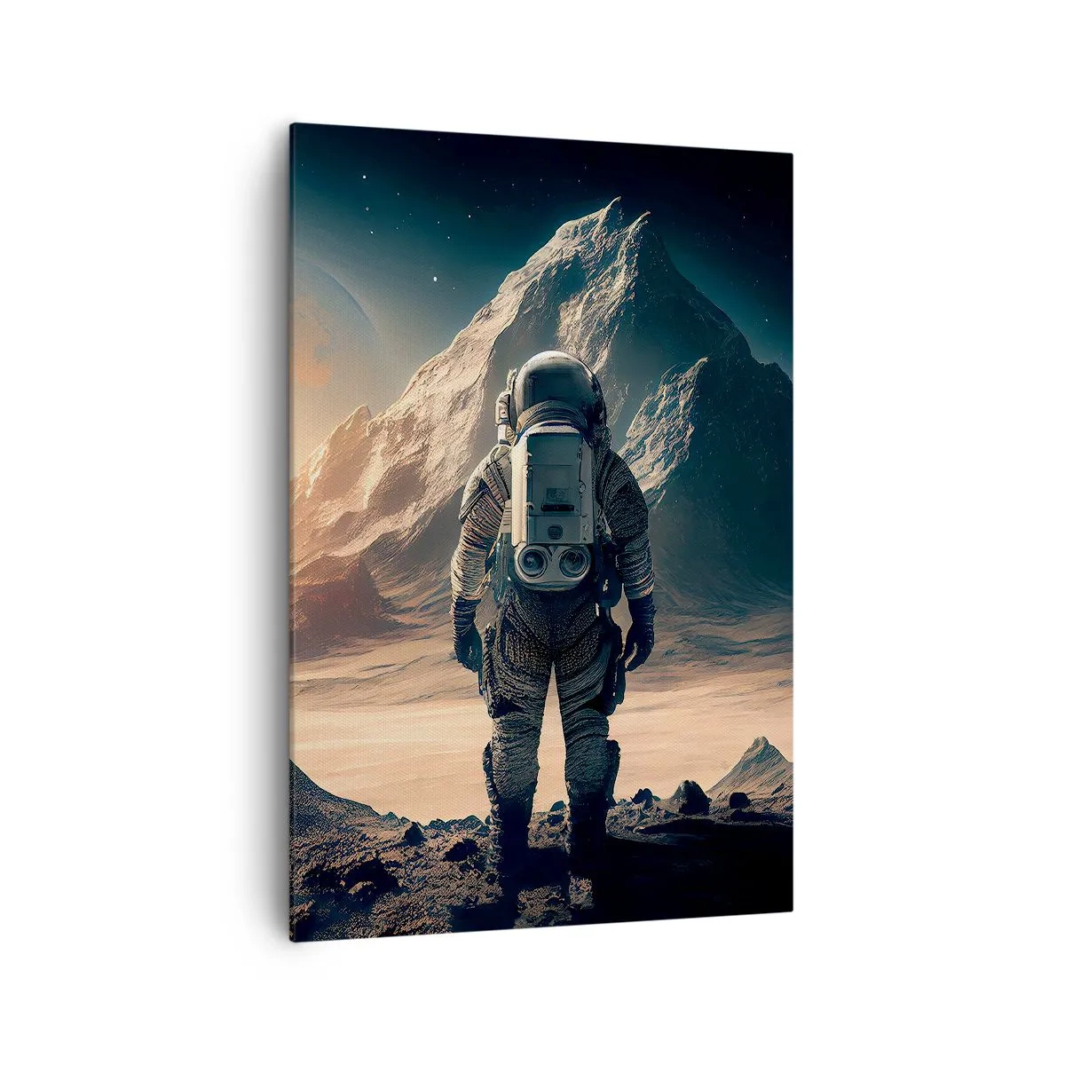 Bild auf Leinwand - Leinwandbild - Astronaut vor der Kulisse majestätischer Berge - 70x100cm - Neue Herausforderung - Moderne Wanddekoration für Wohnzimmer und Schlafzimmer ARTTOR