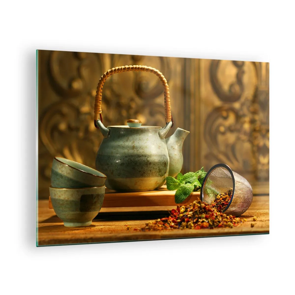 Glasbild - Bild auf glas - Keramik-Teeservice mit Kräutern im klassischen Dekor - 70x50cm - Abhandlung über das Teetrinken - Moderne Wanddekoration für Wohnzimmer und Schlafzimmer ARTTOR