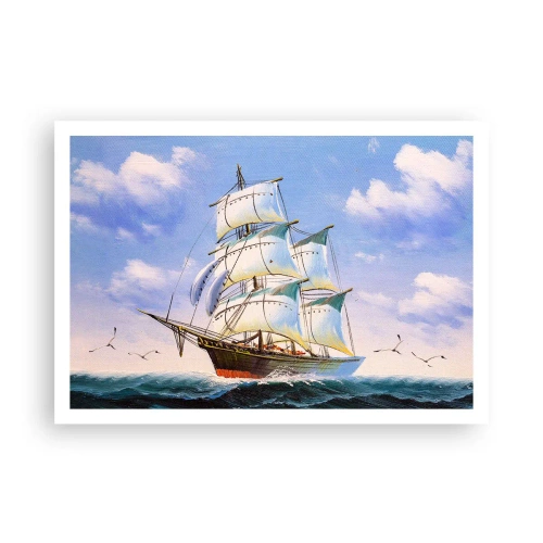 Poster - Ein Segelschiff auf offener See unter blauem Himmel - 100x70cm - Mit Stolz mit dem Wind - Moderne Wanddekoration für Wohnzimmer und Schlafzimmer ARTTOR