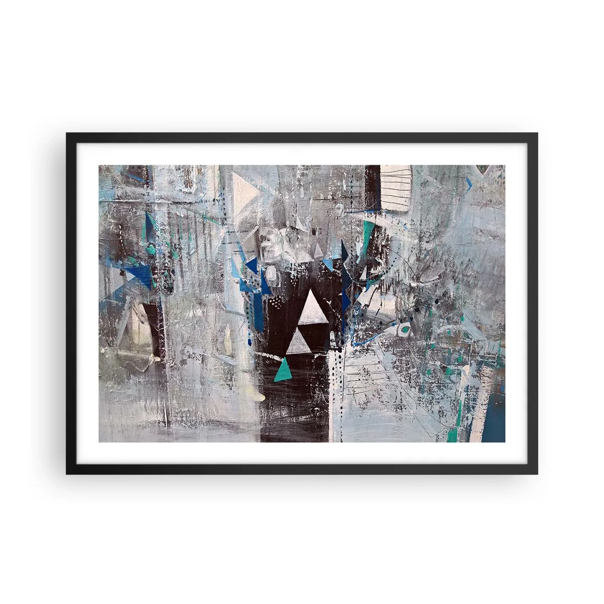 Poster in einem schwarzem Rahmen - Abstrakte Komposition mit Dreiecken und geometrischen Mustern - 70x50cm - Überschreibende Reihenfolge der Dreiecke - Moderne Wanddekoration für Wohnzimmer und Schlafzimmer ARTTOR