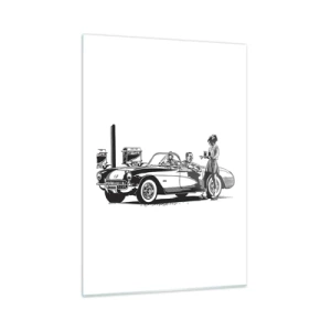 Glasbild - Bild auf glas - Kreative Grafiken mit einem Oldtimer und Figuren - 50x70cm - 60. - unbeschwertes Amerika - Moderne Wanddekoration für Wohnzimmer und Schlafzimmer ARTTOR