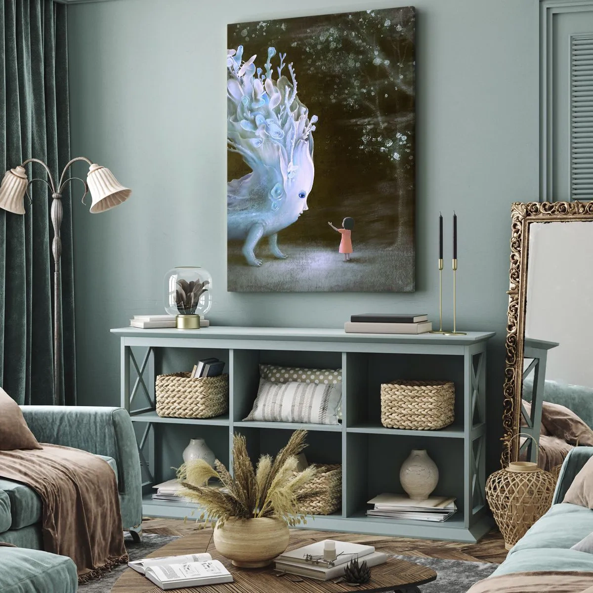 Bild auf Leinwand - Leinwandbild - Die Figur eines Mädchens, das einem fantastischen Wesen gegenübersteht - 50x70cm - Fantastisches Treffen - Moderne Wanddekoration für Wohnzimmer und Schlafzimmer ARTTOR
