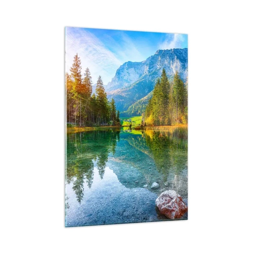 Glasbild - Bild auf glas - Ein malerischer See, umgeben von Bergen und Wäldern - 80x120cm - Die Sanftheit des Herbstes - Moderne Wanddekoration für Wohnzimmer und Schlafzimmer ARTTOR