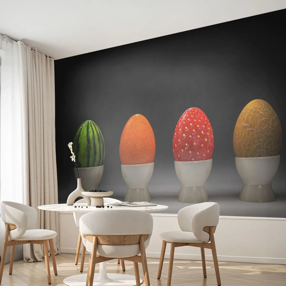 Fototapete Premium Sand - Eier in Gläsern mit fruchtähnlichen Schalen - 100x70cm - Obstfrühstück - Moderne Wanddekoration für Wohnzimmer und Schlafzimmer ARTTOR