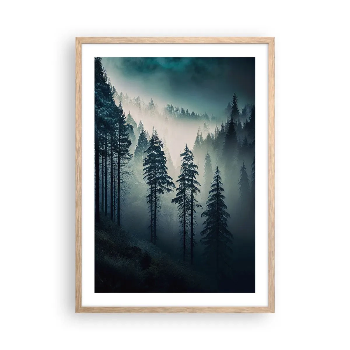 Poster in einem Rahmen aus heller Eiche - Bergmorgen - 50x70 cm