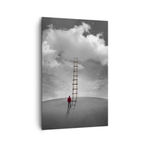 Bild auf Leinwand - Leinwandbild - Eine Person in einem roten Mantel und eine Leiter, die zu einer Wolke führt - 80x120cm - Alles ist möglich - Moderne Wanddekoration für Wohnzimmer und Schlafzimmer ARTTOR