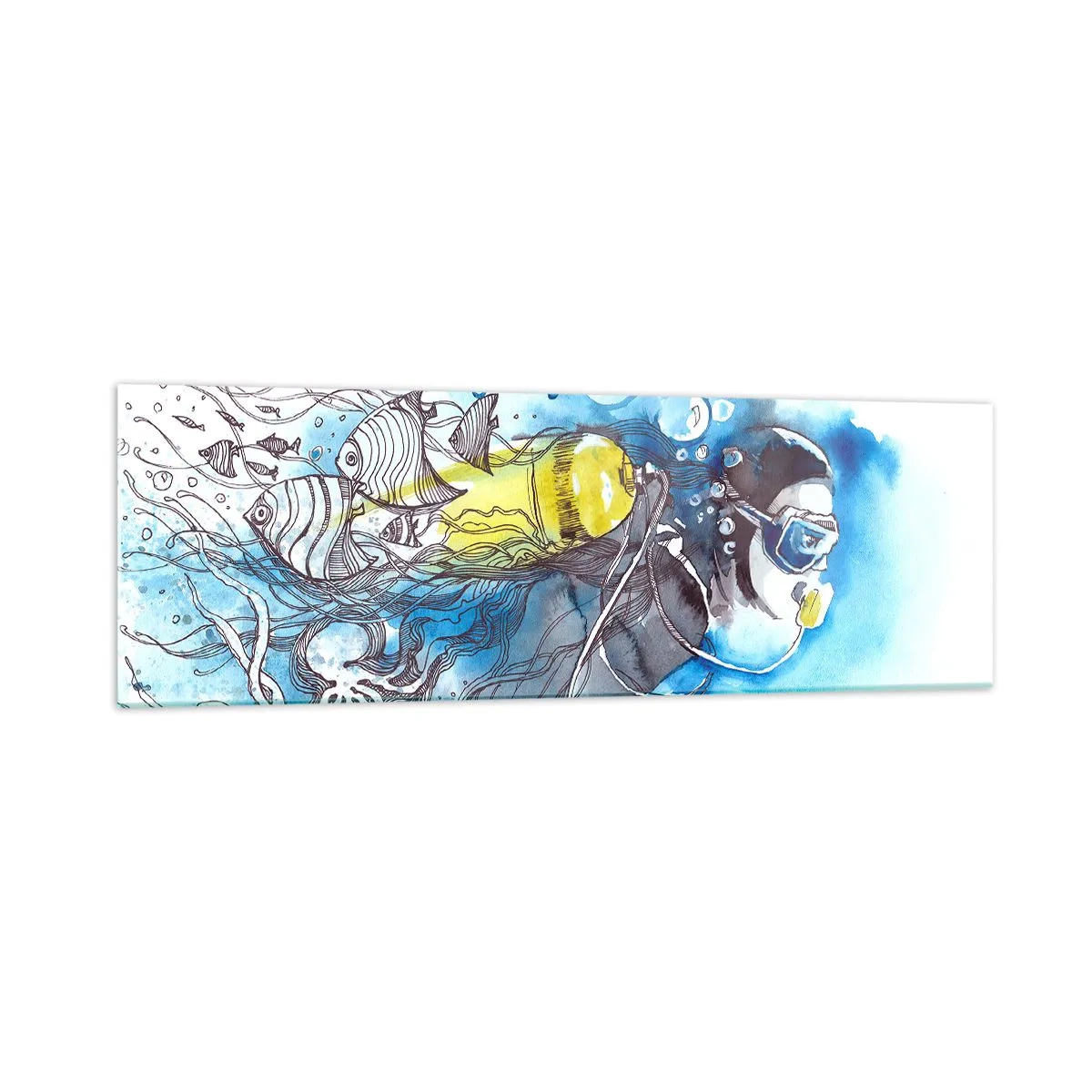 Glasbild - Bild auf glas - Unterwasserszene mit einem Taucher und exotischen Fischen - 160x50cm - Tolles Blau - Moderne Wanddekoration für Wohnzimmer und Schlafzimmer ARTTOR
