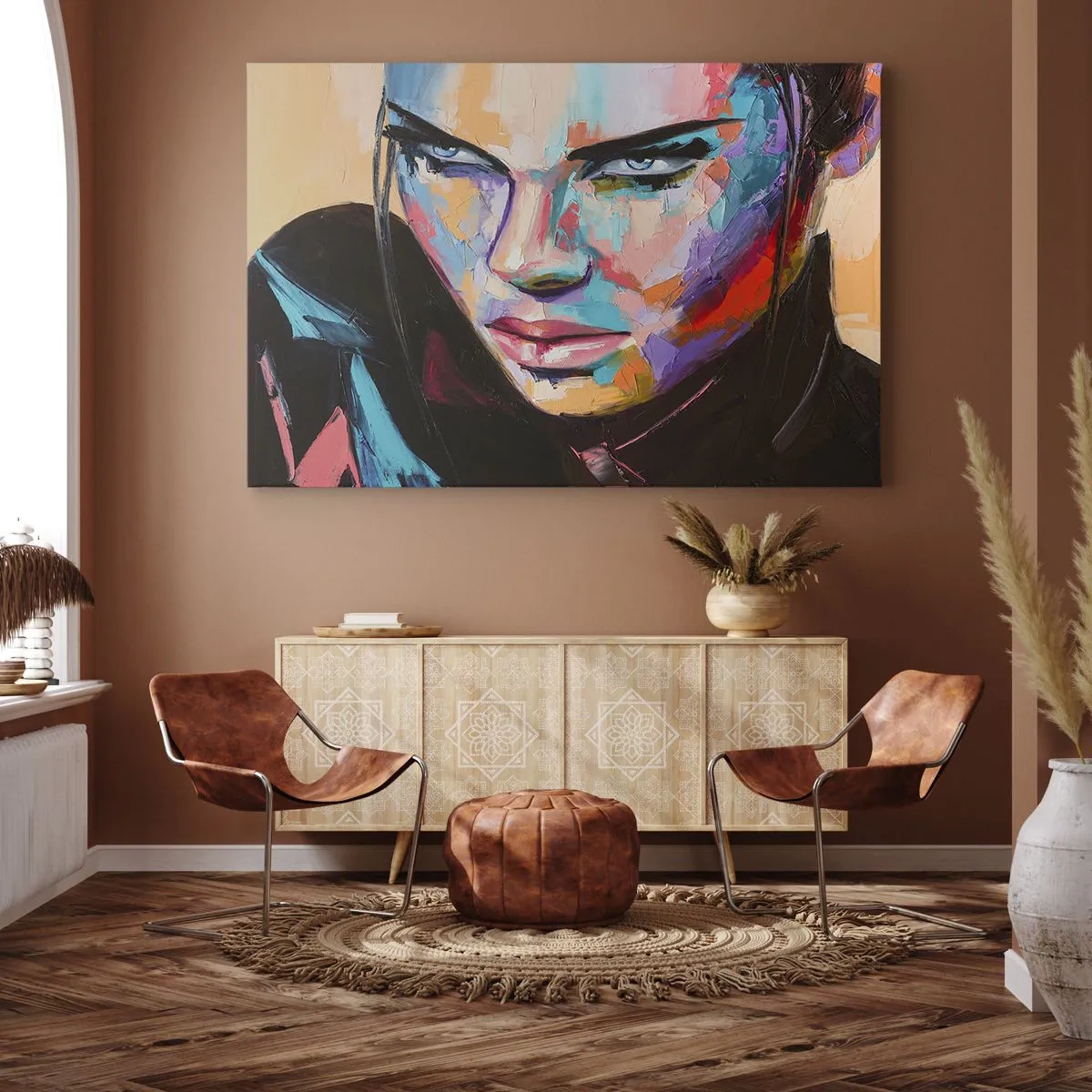 Bild auf Leinwand - Leinwandbild - Porträt einer Frau in lebendigen abstrakten Farben - 120x80cm - Wild im Herzen - Moderne Wanddekoration für Wohnzimmer und Schlafzimmer ARTTOR