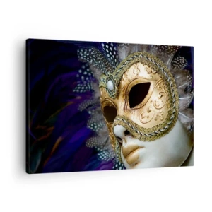 Bild auf Leinwand - Leinwandbild - Goldene venezianische Maske mit dekorativen Federn und Ornamenten - 70x50cm - Venezianisches Porträt in Gold - Moderne Wanddekoration für Wohnzimmer und Schlafzimmer ARTTOR