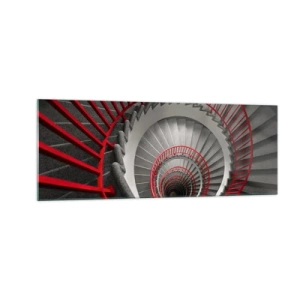 Glasbild - Bild auf glas - Wendeltreppe mit roten Handläufen in dynamischer Perspektive - 140x50cm - Architekturspaß - Moderne Wanddekoration für Wohnzimmer und Schlafzimmer ARTTOR