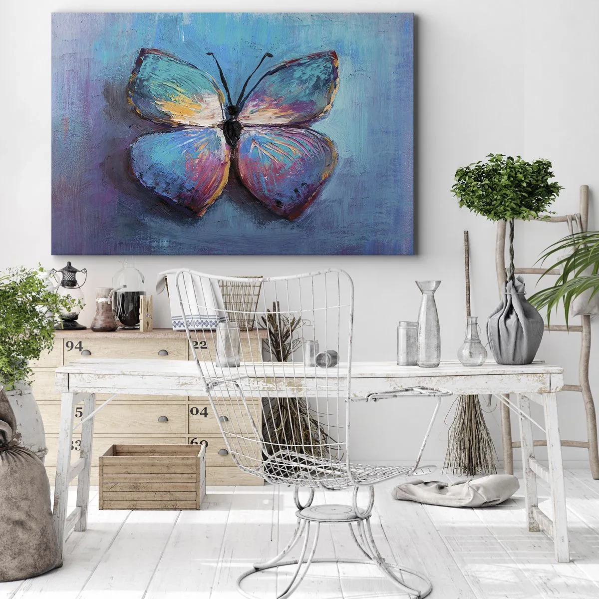 Bild auf Leinwand - Leinwandbild - Bunter Schmetterling auf blauem Hintergrund - 100x70cm - In all seiner Pracht - Moderne Wanddekoration für Wohnzimmer und Schlafzimmer ARTTOR