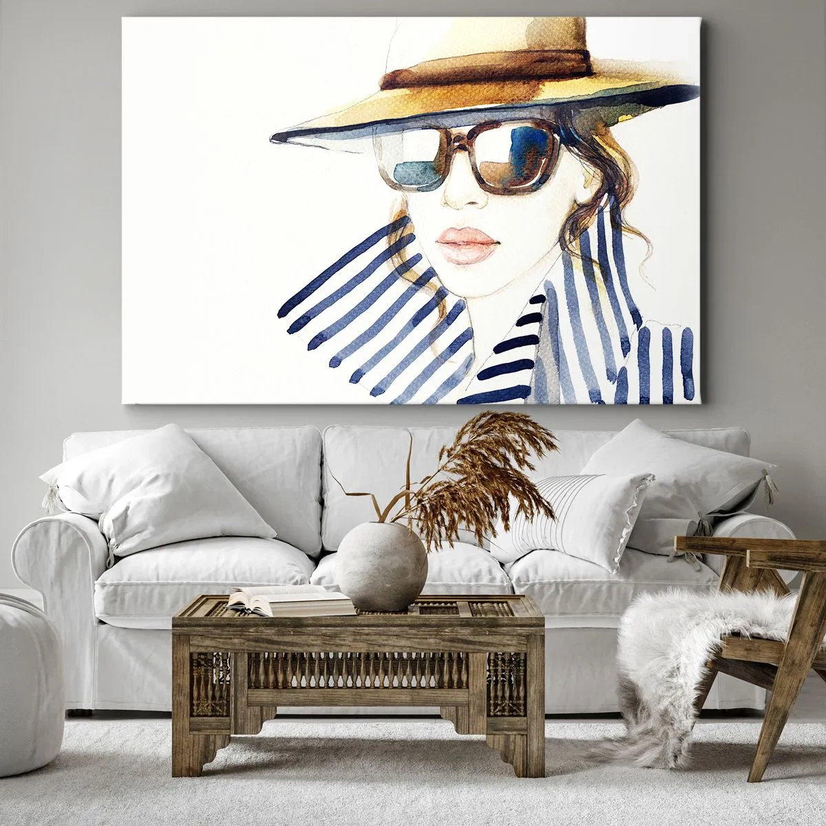 Bild auf Leinwand - Leinwandbild - Porträt einer Frau mit Hut und Sonnenbrille - 120x80cm - Florida heißt Sie willkommen! - Moderne Wanddekoration für Wohnzimmer und Schlafzimmer ARTTOR