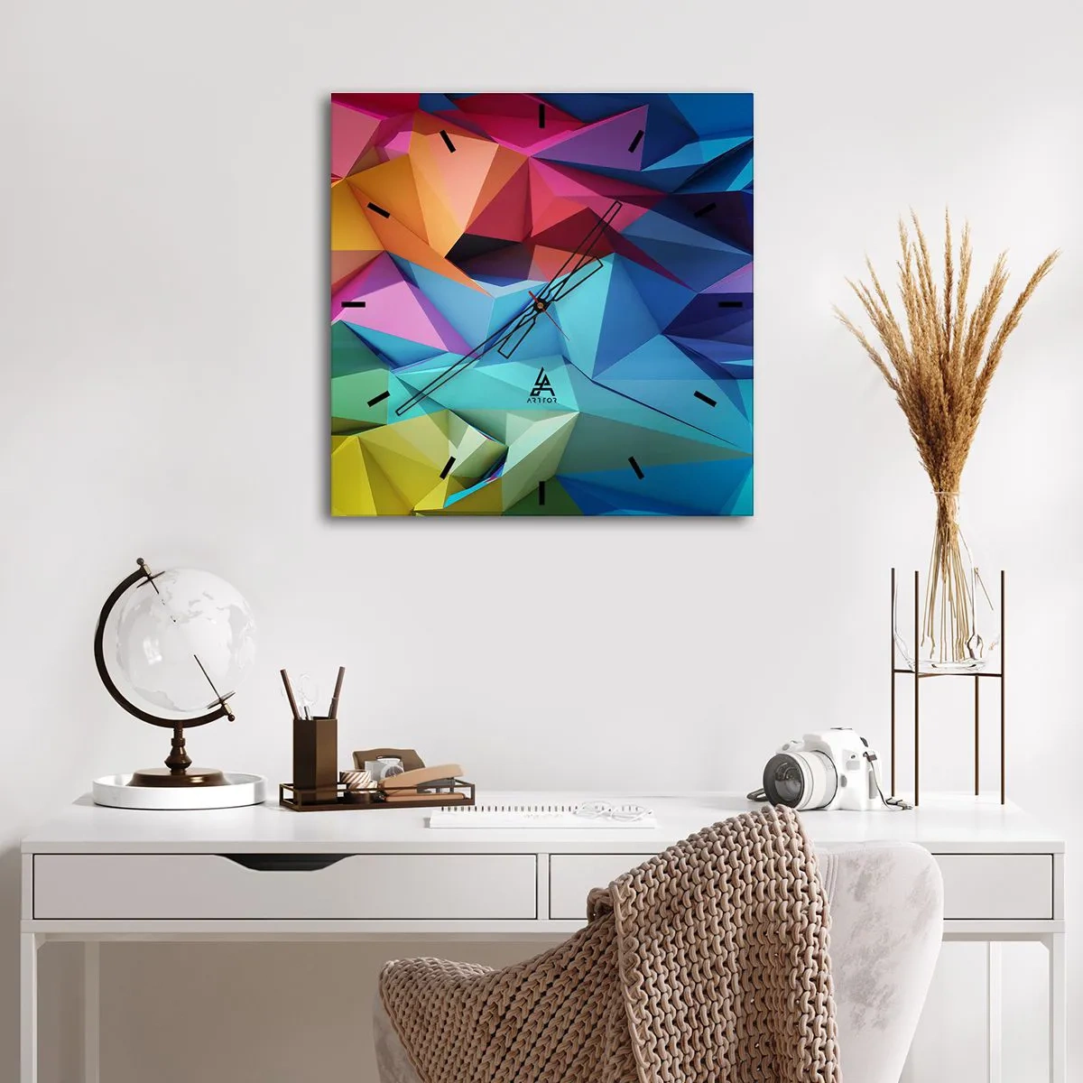 Wanduhr - Glasuhr - Bunte geometrische Abstraktion in lebendigen Farben - 30x30cm - Regenbogen-Origami - Moderne Wanddekoration für Wohnzimmer und Schlafzimmer ARTTOR