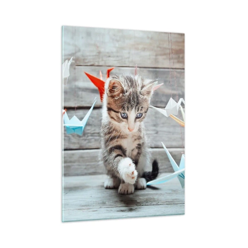 Glasbild - Bild auf glas - Eine Katze spielt mit bunten Origami-Kranichen - 50x70cm - Erste Stunde - Moderne Wanddekoration für Wohnzimmer und Schlafzimmer ARTTOR