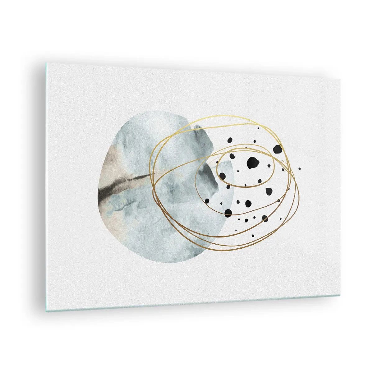 Glasbild - Bild auf glas - Abstrakte Komposition mit blauem Fleck und goldenen Linien - 70x50cm - Vom Weltraum umarmt - Moderne Wanddekoration für Wohnzimmer und Schlafzimmer ARTTOR