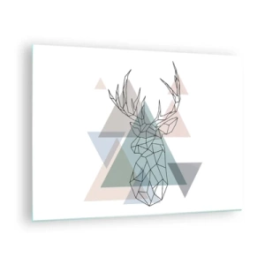 Glasbild - Bild auf glas - Geometrische Zeichnung eines Hirsches vor einem Hintergrund aus pastellfarbenen Dreiecken - 70x50cm - In einem geometrischen Wald - Moderne Wanddekoration für Wohnzimmer und Schlafzimmer ARTTOR