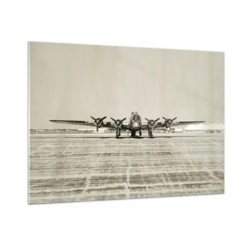 Glasbild - Bild auf glas - Historisches Flugzeug auf dem Flughafen im Sepia-Stil - 100x70cm - Wie immer bereit - Moderne Wanddekoration für Wohnzimmer und Schlafzimmer ARTTOR