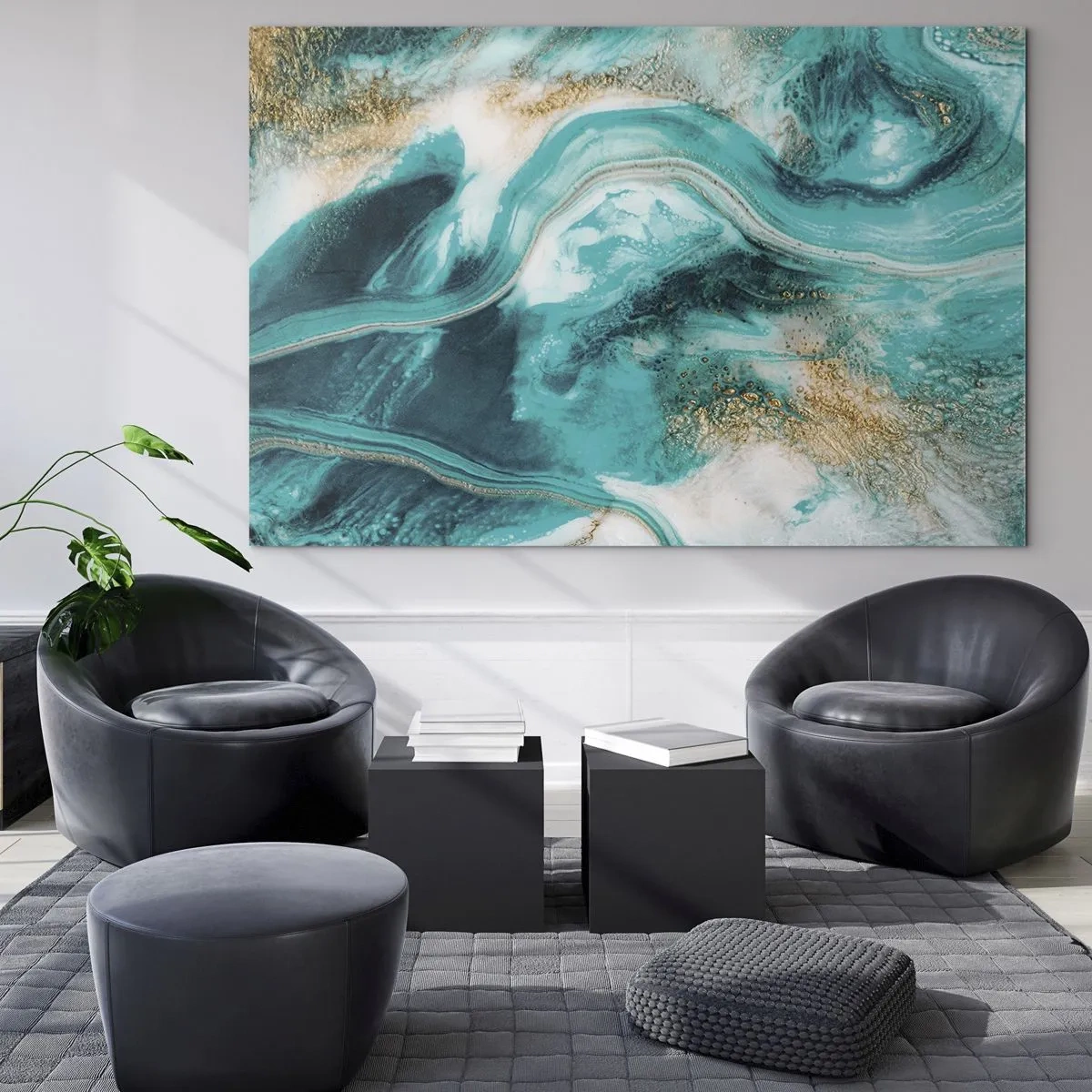 Glasbild - Bild auf glas - Eine abstrakte Komposition in Türkis mit goldenen Akzenten. - 70x50cm - Der Fluss aus Gold - Moderne Wanddekoration für Wohnzimmer und Schlafzimmer ARTTOR