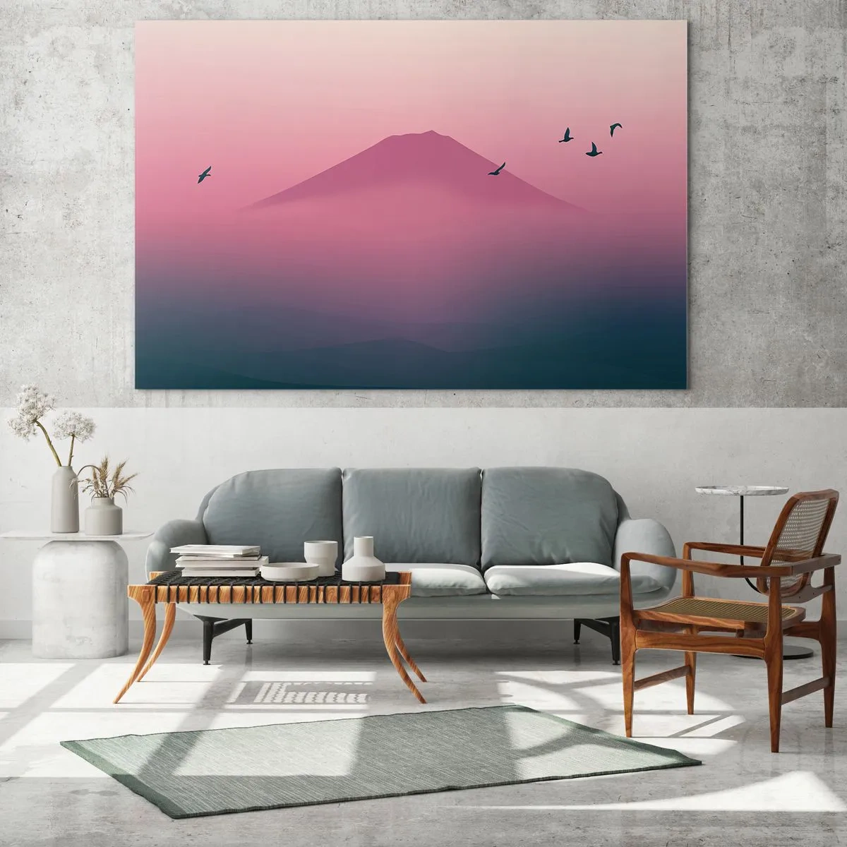 Glasbild - Bild auf glas - Eine minimalistische Landschaft mit einem Berg und Vögeln in Pastellfarben. - 100x70cm - Wanderer über den Wolken - Moderne Wanddekoration für Wohnzimmer und Schlafzimmer ARTTOR