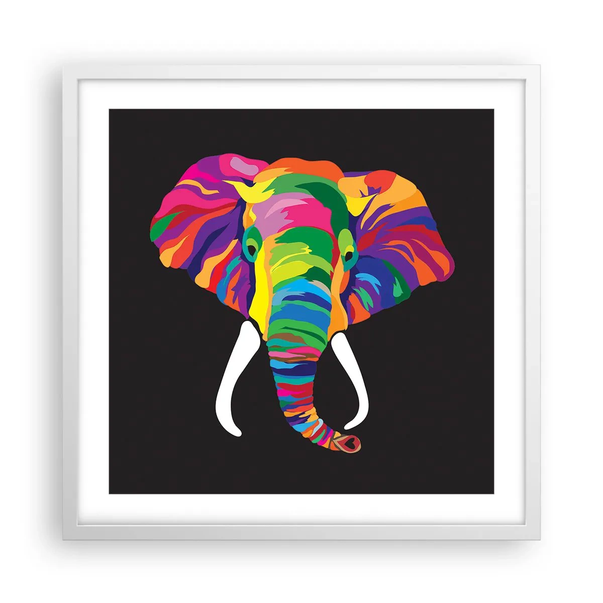 Poster in einem weißen Rahmen - Der Elefant, der es liebte, im Regenbogen zu baden - 50x50 cm