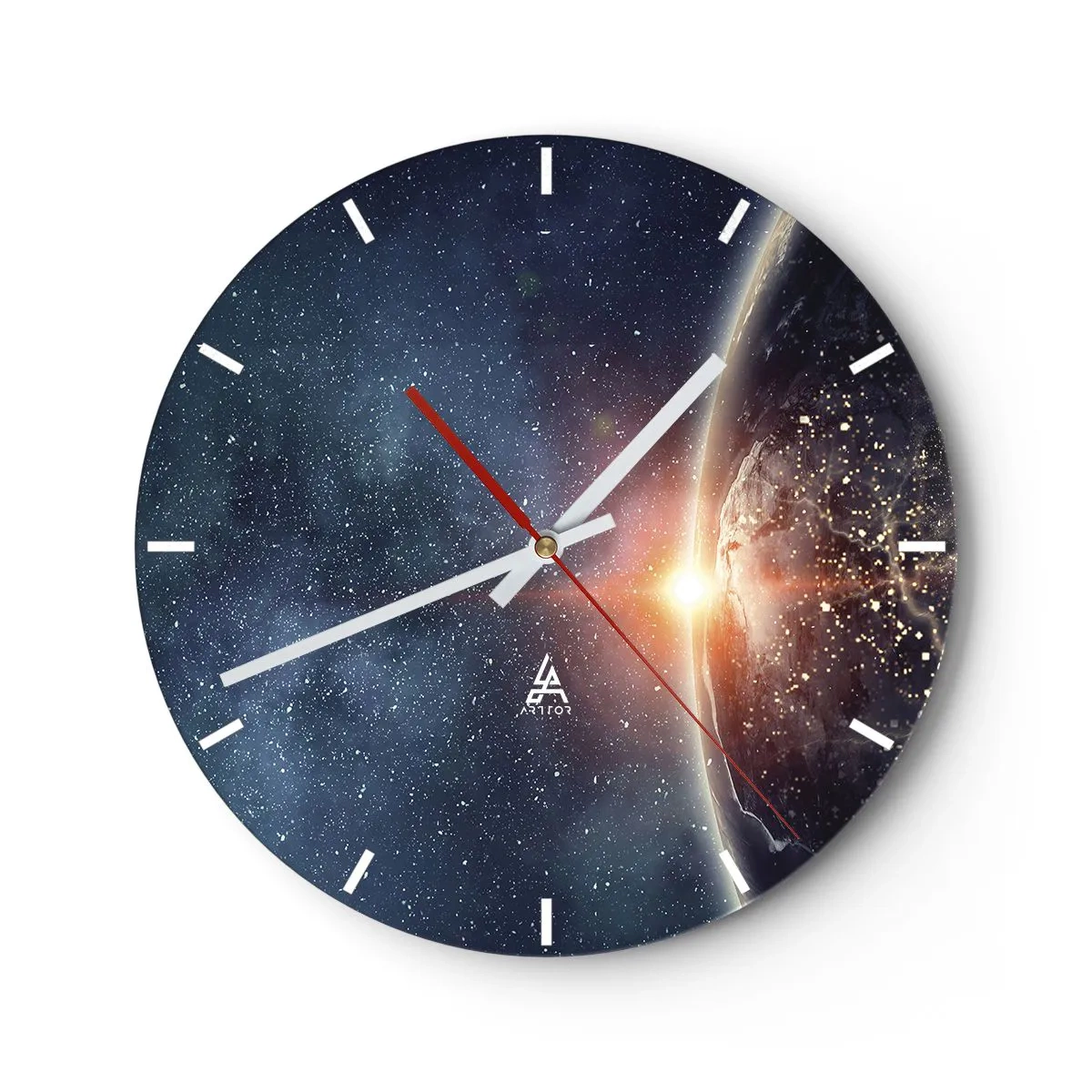 Wanduhr - Glasuhr - Blick auf die Erde aus dem Weltraum mit Sonnenaufgangseffekt - 30x30cm - In einer neuen Perspektive - Moderne Wanddekoration für Wohnzimmer, Küche und Schlafzimmer ARTTOR