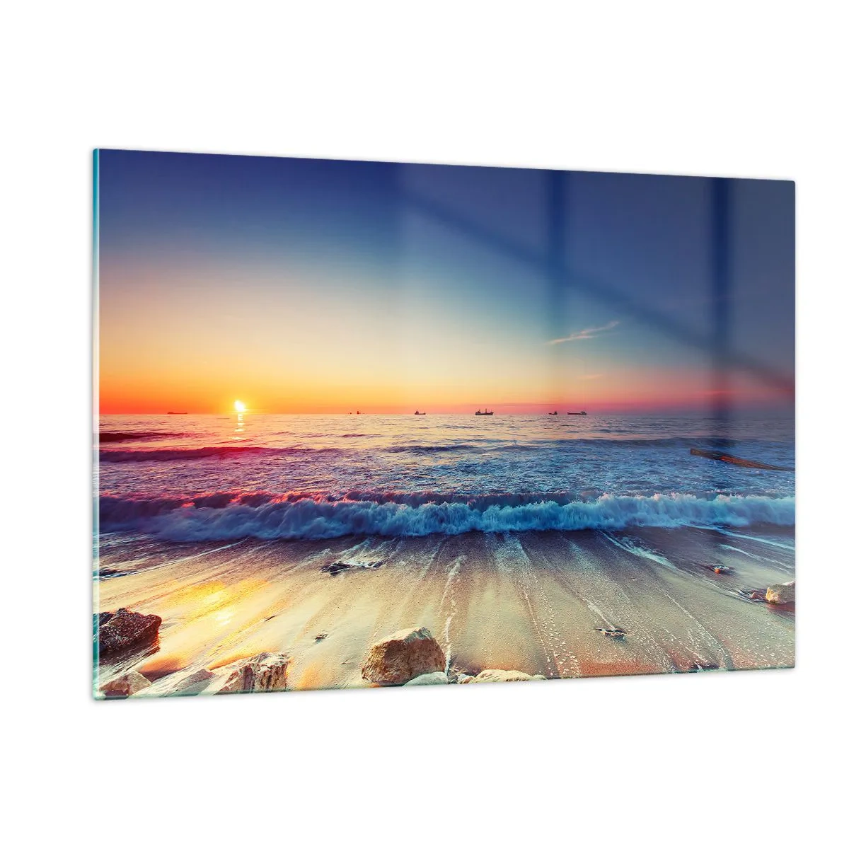 Glasbild - Bild auf glas - Sonnenuntergang über dem Strand mit sanften Wellen und ruhigem Meer - 120x80cm - Was ist mit dem Horizont? - Moderne Wanddekoration für Wohnzimmer und Schlafzimmer ARTTOR