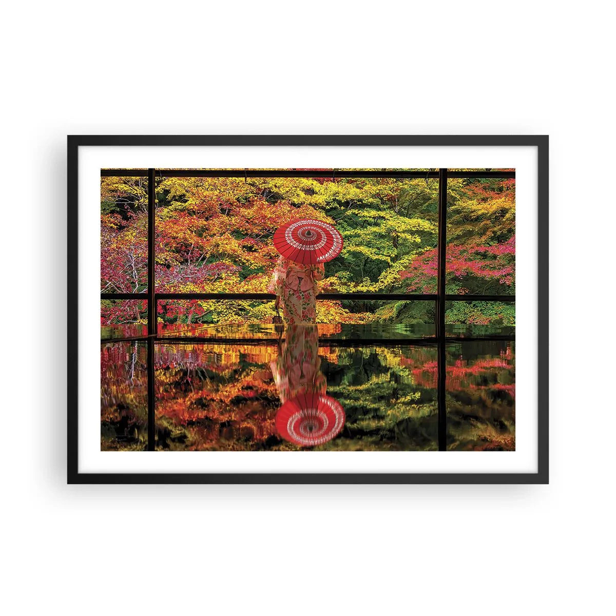 Poster in einem schwarzem Rahmen - Eine Frau im Kimono mit Regenschirm vor dem Hintergrund einer Herbstlandschaft. - 70x50cm - Im Tempel der Natur - Moderne Wanddekoration für Wohnzimmer und Schlafzimmer ARTTOR