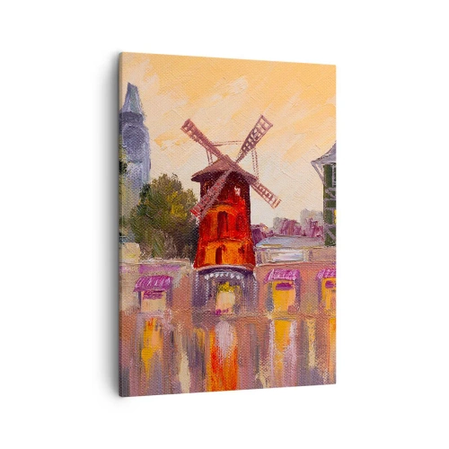 Bild auf Leinwand - Leinwandbild - Die rote Windmühle des Moulin Rouge, umgeben von der Stadtlandschaft - 50x70cm - Pariser Ikonen – Moulin Rouge - Moderne Wanddekoration für Wohnzimmer und Schlafzimmer ARTTOR